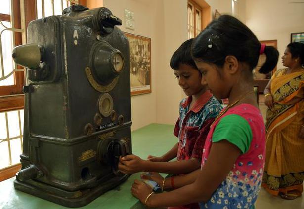 Children looking at a vintage signal communication box kept inside the Rail Museum in Tiruchi in Tamil Nadu. M Moorthy