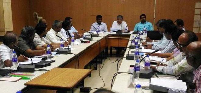 Divisional Railway Manager A.K. Agarwal (centre) presiding over the Divisional Railway Usersâ€™ Consultative Committee meeting held at Tiruchi on Wednesday.