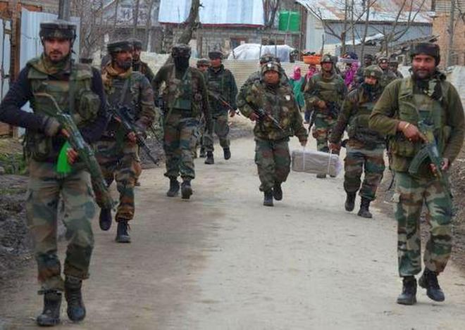 Security personnel at an encounter site in Kashmirâ€™s Bandipora district. File photo