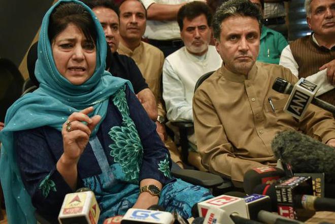 Outgoing Jammu and Kashmir Chief Minister Mehbooba Mufti addresses a press conference in Srinagar on Tuesday.