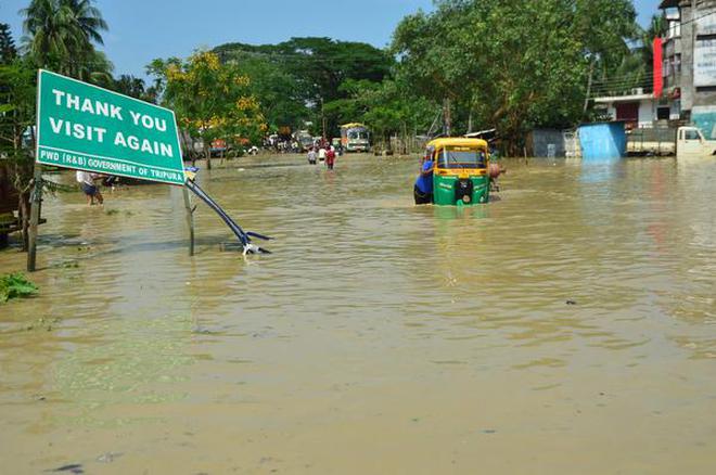 A waterlogged street in Agartala following flash floods, on May 21, 2018
