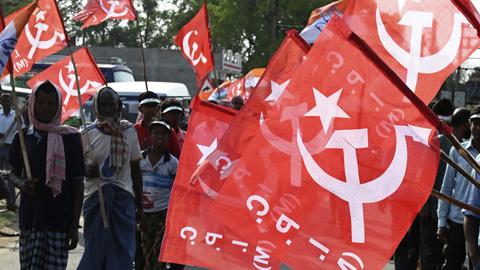 Activists of the Left parties and the Congress participate in a campaign rally in Purulia on March 25, 2021.