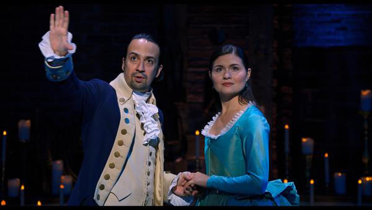 Lin-Manuel Miranda (left) as Alexander Hamilton and Phillipa Soo as Eliza Hamilton