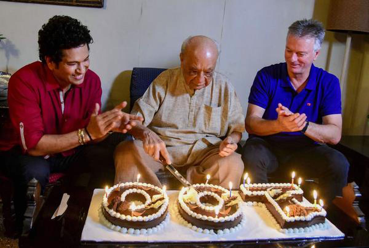 Cricket legends Sachin Tendulkar and Steve Waugh with the then oldest living first class cricketer and historian Vasant Raiji at his residence, in Mumbai on Monday, January 13, 2020.