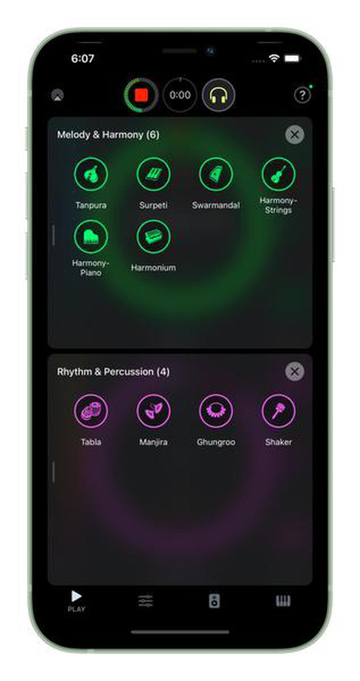 Simulator screenshot of iOS app NaadSadhana