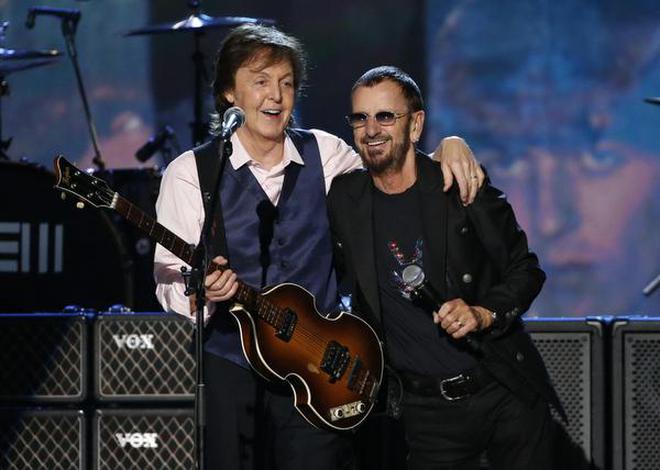 Paul McCartney and Ringo Starr at the recording of â€˜The Night That Changed America: A Grammy Salute To The Beatlesâ€™, in 2014. The two musicians came together at a show recently in London.