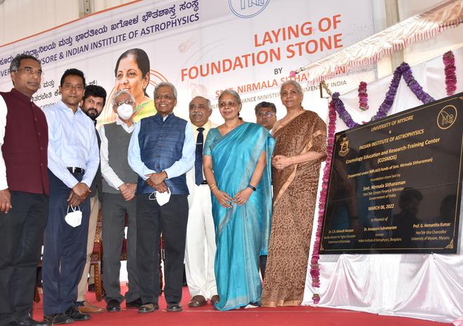 Union Finance Minister Nirmala Sitharaman unveiled the foundation stone for Cosmology Education and Research Training Centre at Jayachamaraja Wadiyar campus of University of Mysore in Mysuru on Sunday. Director of Indian Institute of Astrophysics Annapurni Subramanian (second from right), Principal Scientific Advisor to the Government of India K. Vijayraghavan (centre) and others are also seen.