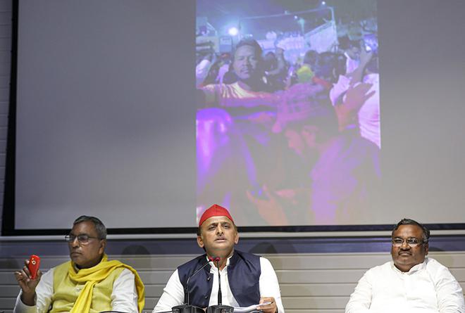 Samajwadi Party President Akhilesh Yadav addresses the press conference at the party office in Lucknow.  file.