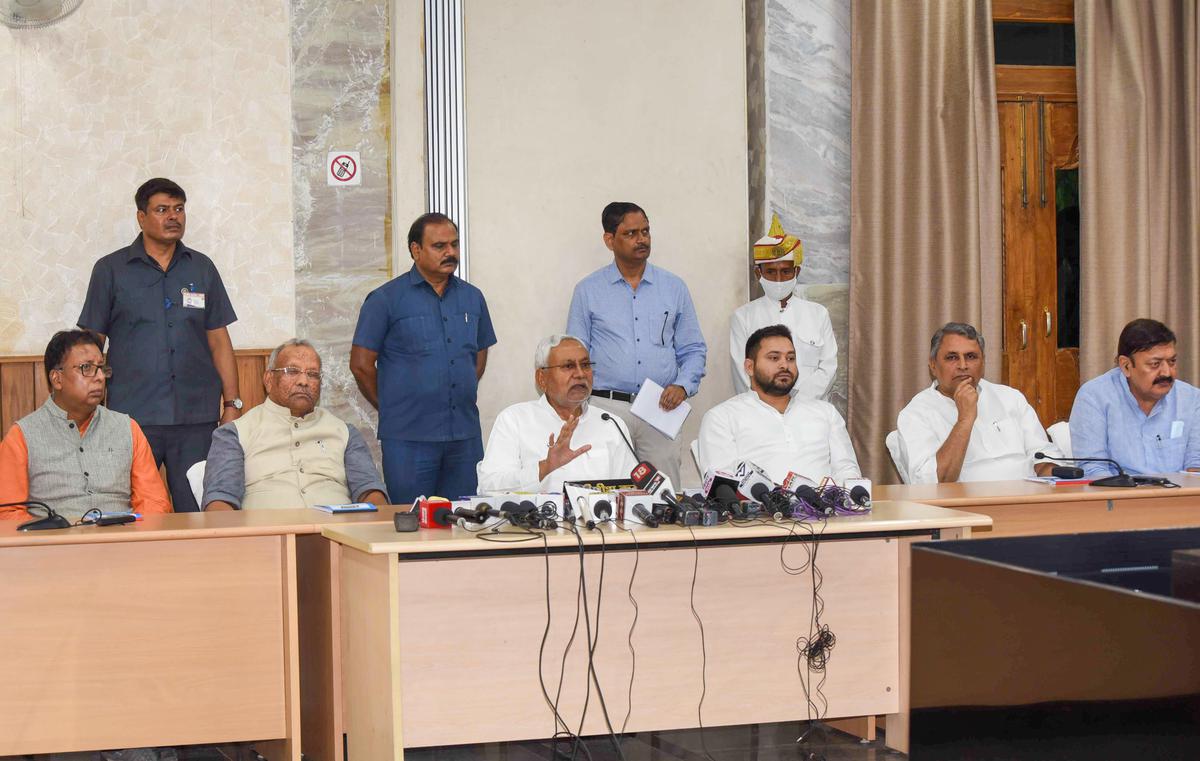 Bihar Chief Minister Nitish Kumar addresses a press conference after an all-party meeting on the caste-based census in the state, at Samvad Hall in Patna. RJD leader Tejashwi Yadav is also seen.
