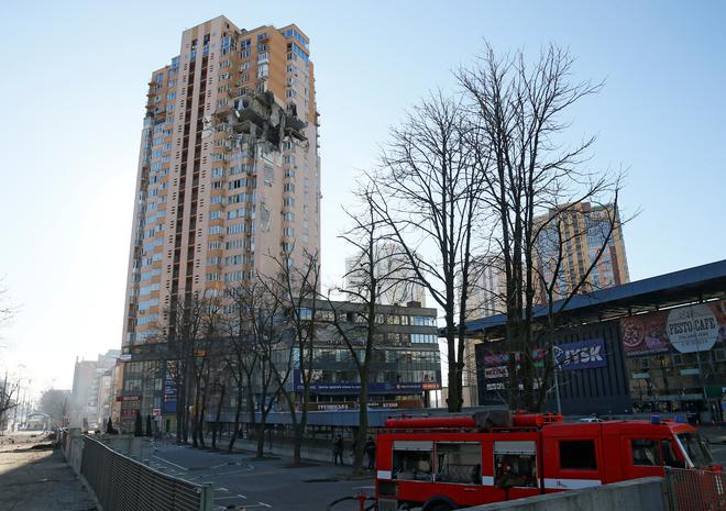 A view shows an apartment building damaged by recent shelling in Kyiv, Ukraine on February 26, 2022. 