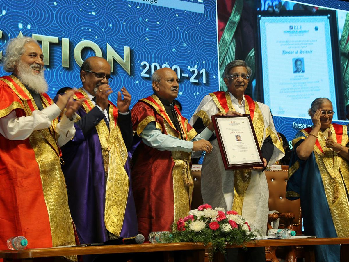 Babasaheb N. Kalyani, industrialist, receiving an honourary doctorate in Hubballi on Sunday. 