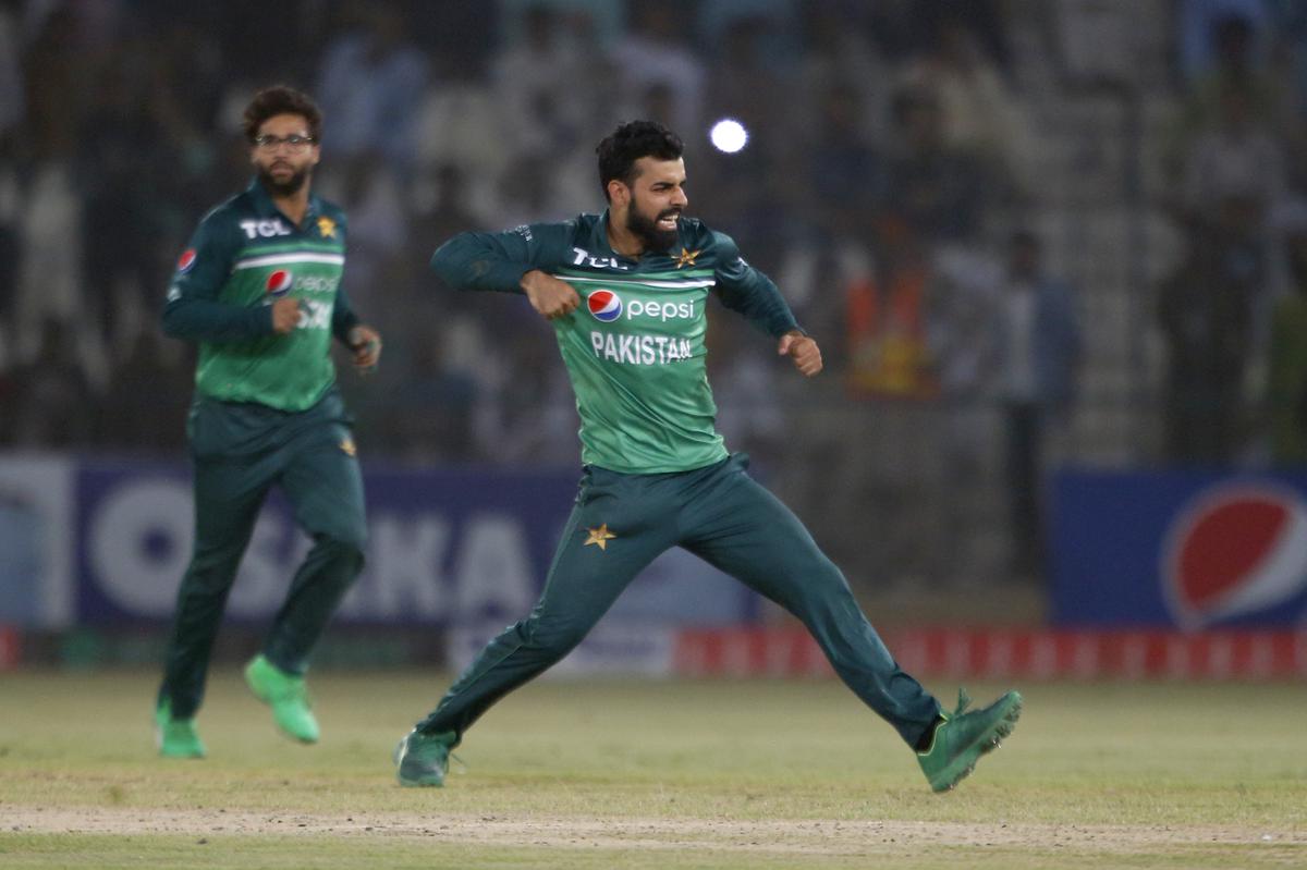 Pakistan’s Shadab Khan, center, celebrates after taking the wicket of West Indies’ Akeal Hosein during the third one day international cricket match between Pakistan and West Indies at the Multan Cricket Stadium.