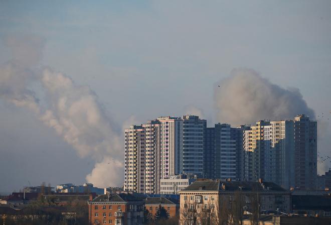 Smoke rises after recent shelling in Kyiv, Ukraine February 26, 2022.