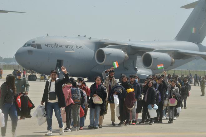 Students arriving from Sumy, Ukraine at the Hindan air base in Ghaziabad on March 11, 2022. 