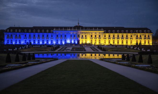 The Ludwigsburg Palace in Ludwigsburg, Germany, is lit up in the colors of the flag of Ukraine following the Russian attack of Ukraine. 