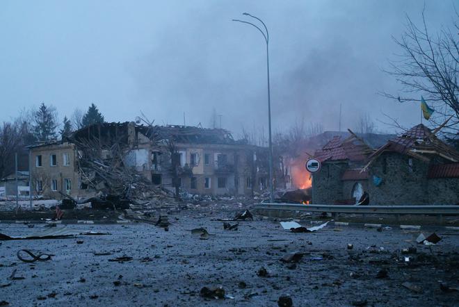A view shows damaged buildings following recent shelling, as Russia’s invasion of Ukraine continues, in the settlement of Borodyanka in the Kyiv region, Ukraine on March 2, 2022.