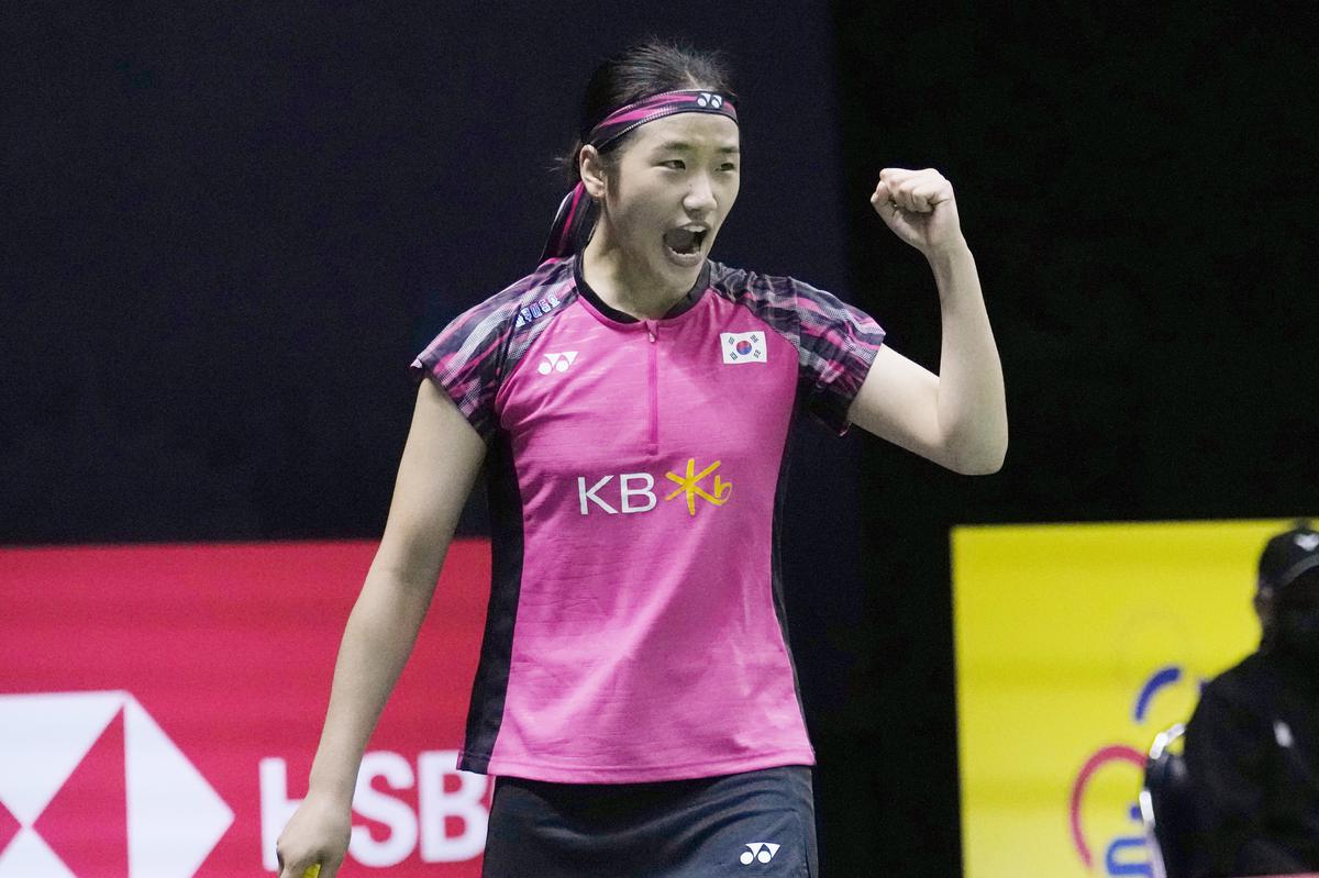 An Seyoung reacts after winning a point against P.V. Sindhu during the match at Thomas & Uber Cup in Bangkok.