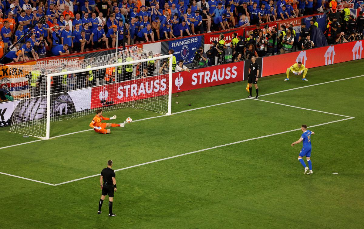 Rangers’ Aaron Ramsey has his shot saved by Eintracht Frankfurt’s Kevin Trapp during the penalty shootout of the 2022 Europa League final