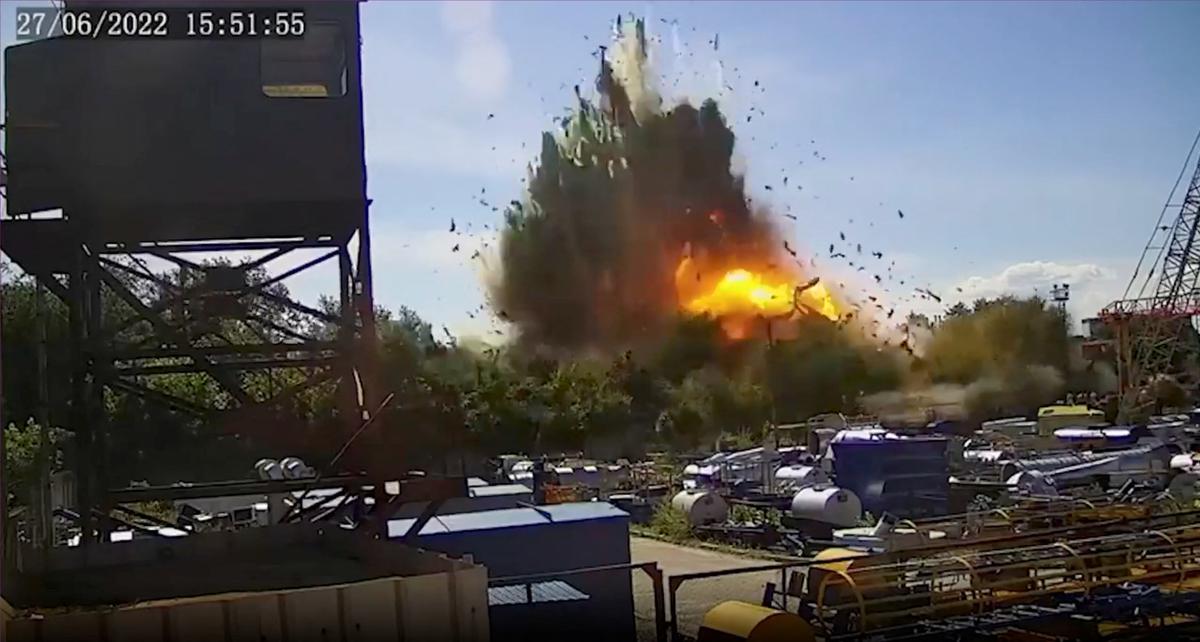 A still image from handout CCTV footage shows the explosion as a Russian missile strike hits a shopping mall amid Russia’s attack on Ukraine, at a location given as Kremenchuk, in Poltava region, Ukraine on June 28, 2022.