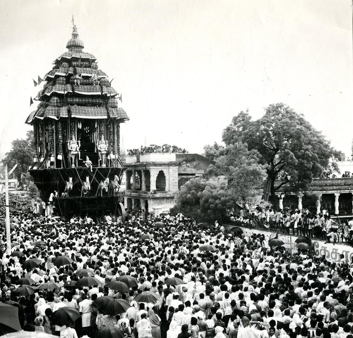 The procession of Srivilliputhur Andal Temple Car festival, during the Aadi Pooram festival.