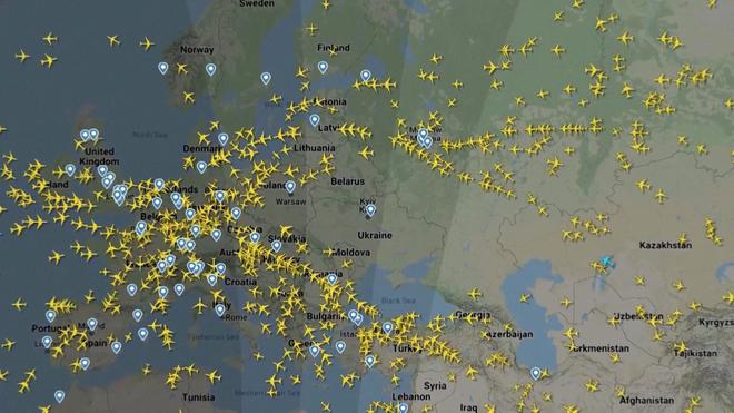 A screen recording of flight tracking website FlightRadar24 shows aircraft diverting around Ukraine, February 24, 2022 in this still image taken from video.  