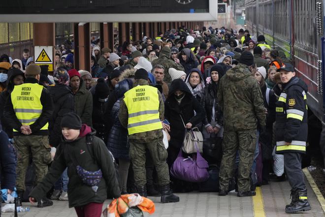 Refugees from Ukraine arrive to the railway station in Przemysl, Poland, on February 27, 2022. 