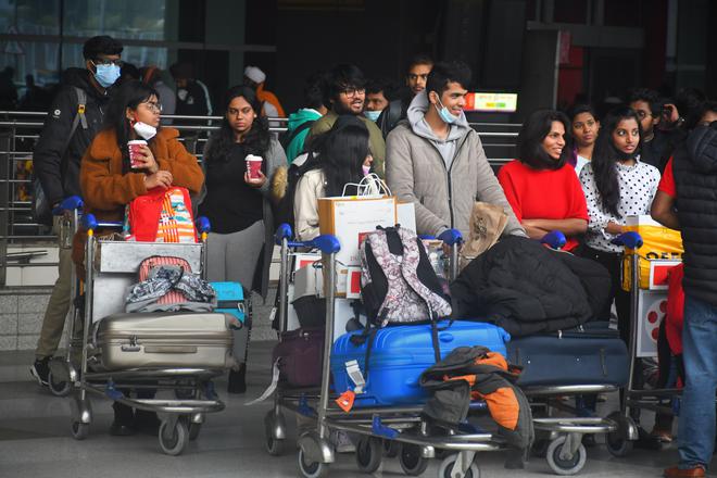  Indian students, who were stranded in Ukraine amid Russia-Ukraine conflict, arrive at IGI Airport in New Delhi on March 7, 2022. 