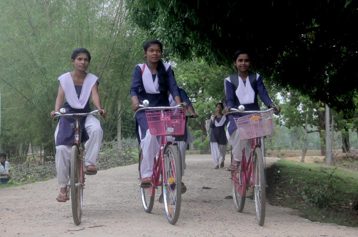 Girls on their way to school at Ranipokhari village in Mayurbhanj district.