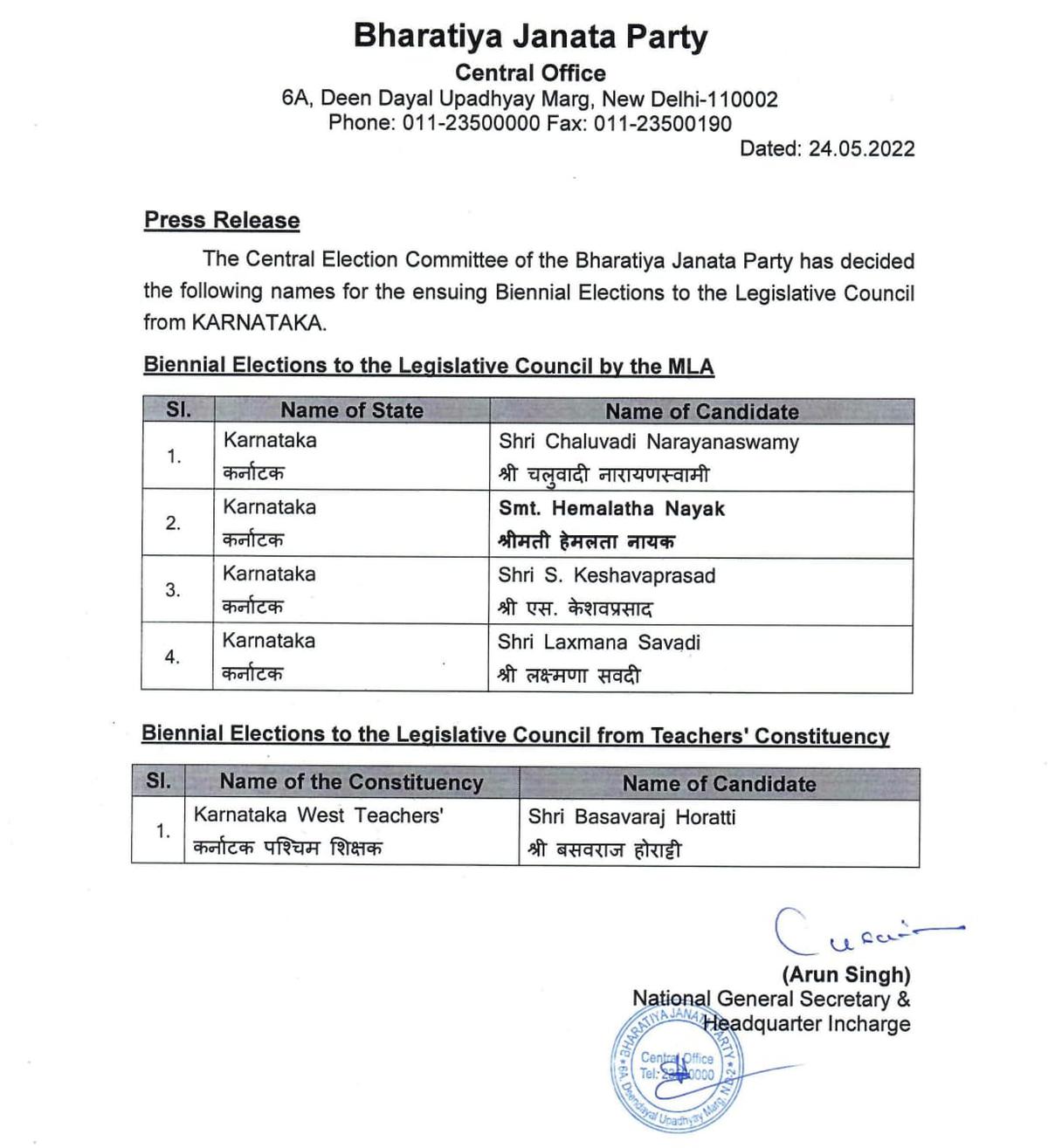 BJP’s list of candidates for Legislative Council polls in Karnataka