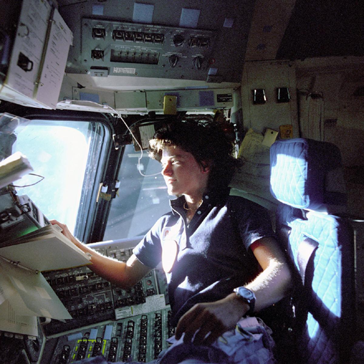 Ride monitoring control panels from the pilot’s chair on a space shuttle flight deck in June 1983. 