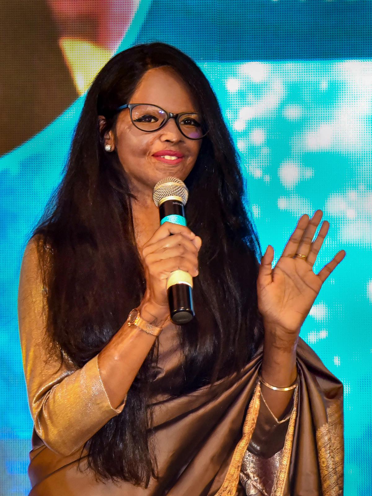 Television host, activist, and acid-attack survivor Laxmi Agarwal speaks during the The Indus Entrepreneurs (TiE) convention in Hubballi on Saturday