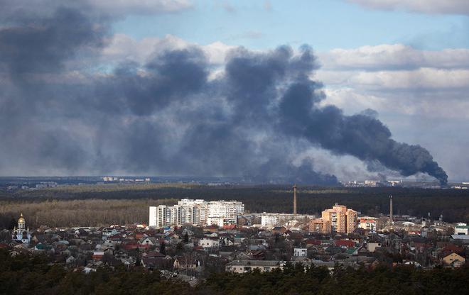 Smoke rising after shelling on the outskirts of the city is pictured from Kyiv, Ukraine on February 27, 2022. 