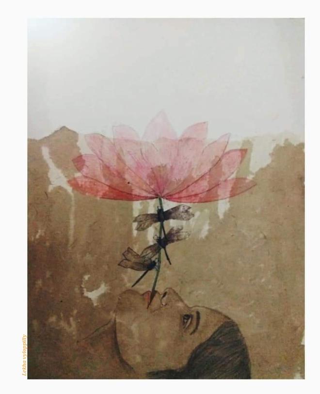 Jeevadhyanam, by Lekha Vyloppilly. Rice paper on canvas/coffee wash and water colour pencil