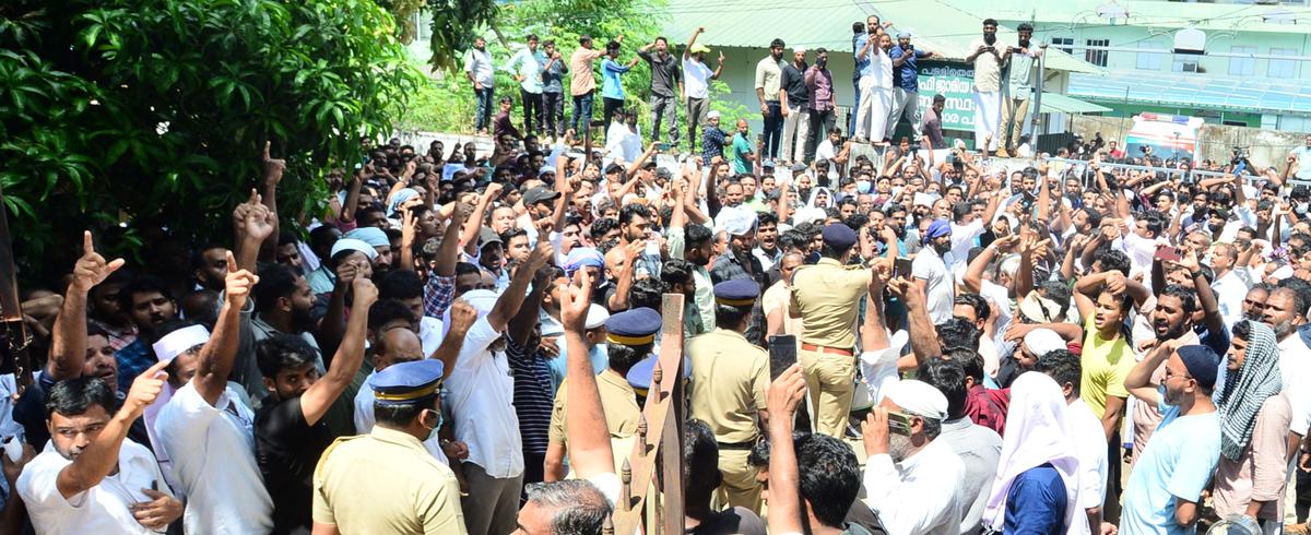 Activists raise slogans while Subairs body is taken from Palakkad district hospital to his home at Elappully.