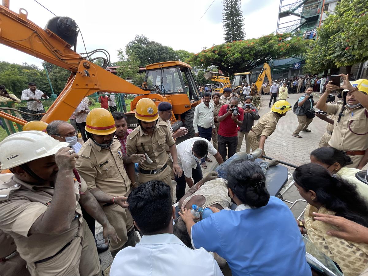 Fire and Emergency Services personnel at the accident site at St. Martha’s Hospital in Bengaluru on May 31, 2022.
