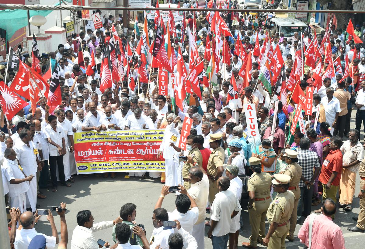 Members of All Trade Unions picketing Sub Collectors Office Road as part of nationwide strike, In Dindigul, Tamil Nadu on March 28, 2022.