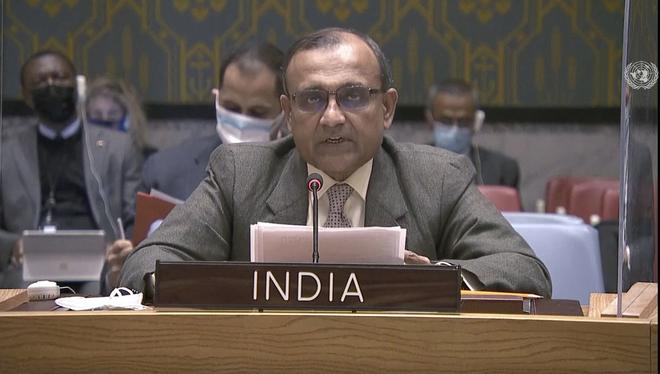 India’s Ambassador to the United Nations T. S. Tirumurti speaks during an emergency U.N. Security Council meeting on Ukraine, at the U.N headquarters on February 21, 2022. 