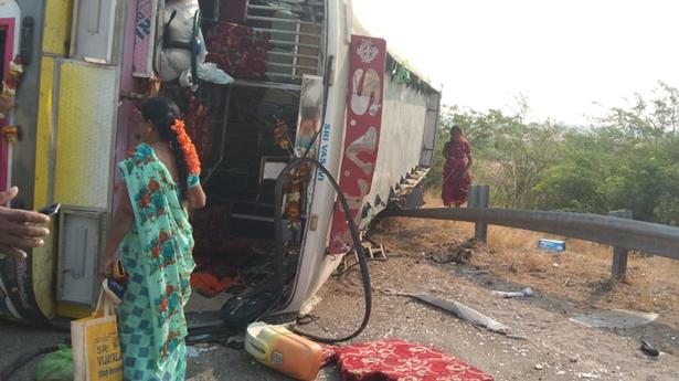 Five killed, 49 injured as overcrowded bus overturns near Pavagada