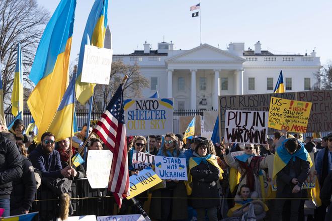 People take part in a protest against the Russian invasion of Ukraine outside the White House in Washington, Sunday, on February 27, 2022. 