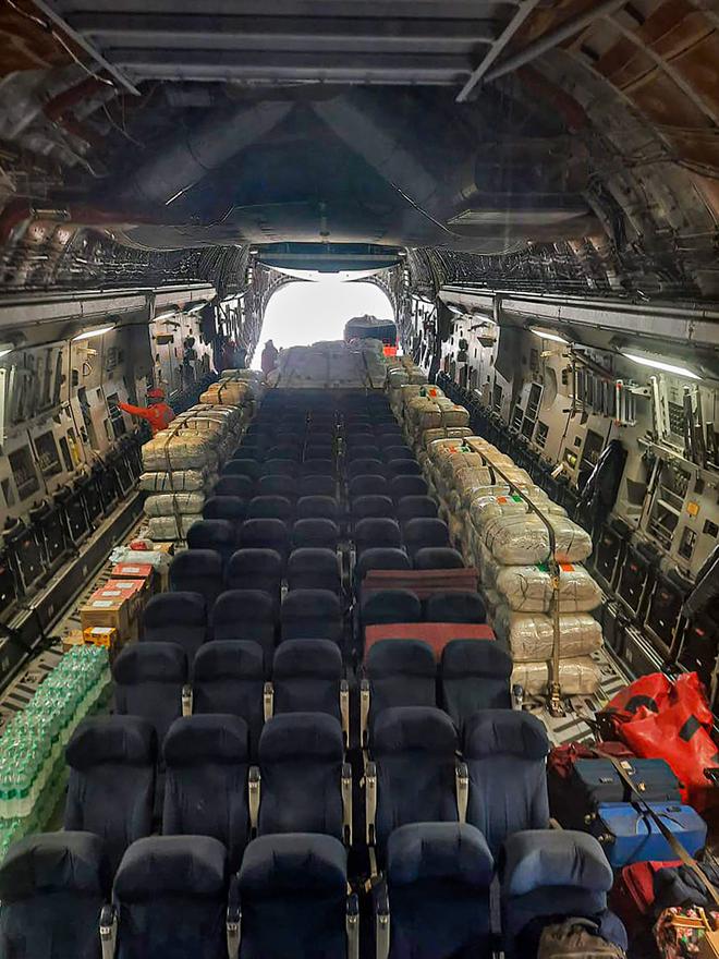 A C-17 aircraft of the Indian Air Force carrying relief material. Photo: Twitter/@IAF_MCC via PTI