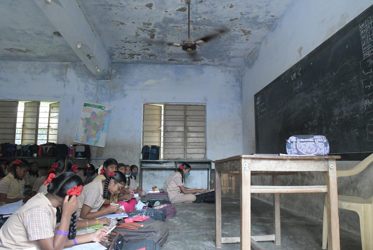 A classroom in deplorable condition at the M.R.G. Government Girls’ Higher Secondary School at Veerappanchatiram.