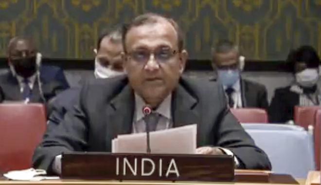 Permanent Representative of India to the United Nations T S Tirumurti speaks at the UNSC emergency meeting on Ukraine crisis, in New York. 