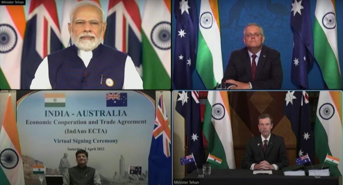The India-Australia Economic Cooperation and Trade Agreement was inked by Minister Piyush Goyal and Australian Minister Dan Tehan in a virtual ceremony, in the presence of PM Narendra Modi and his Australian counterpart Scott Morrison. Photo: Twitter/@PiyushGoyal