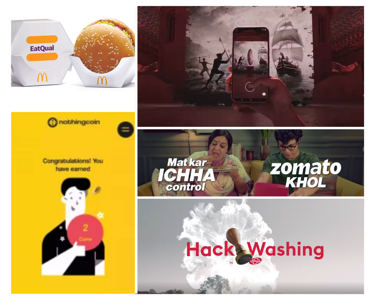 Campaigns that made a mark: (Clockwise from top left) MacDonald’s EatQual, the  Unfiltered History Tour,  Zomato Cravings,  Lifebuoy’s Hackwashing, and  5Star NothingCoin 