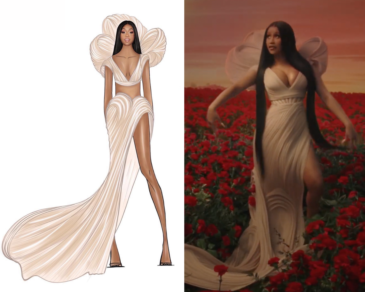 A sketch of Cardi B's gown, and the rapper in her video
