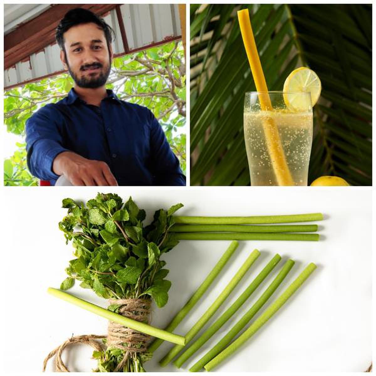 (clockwise from left) Shashank Gupta and snapshots of the edible straws