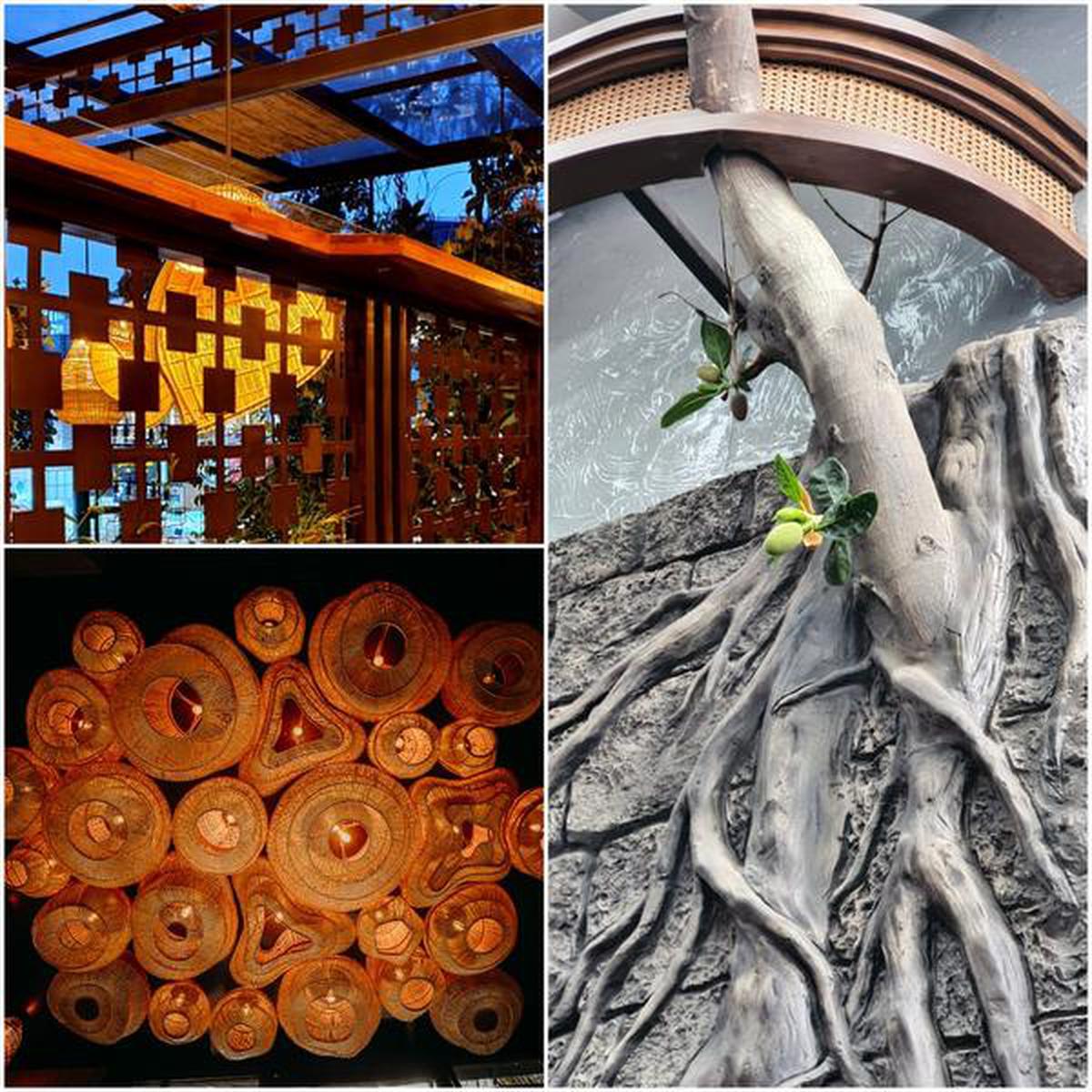 From top left: Positive and negative squares, a traditional Cambodian motif; the fruiting jackfruit tree in the Angkor bar; and the Thousand Suns light made with cane and bamboo