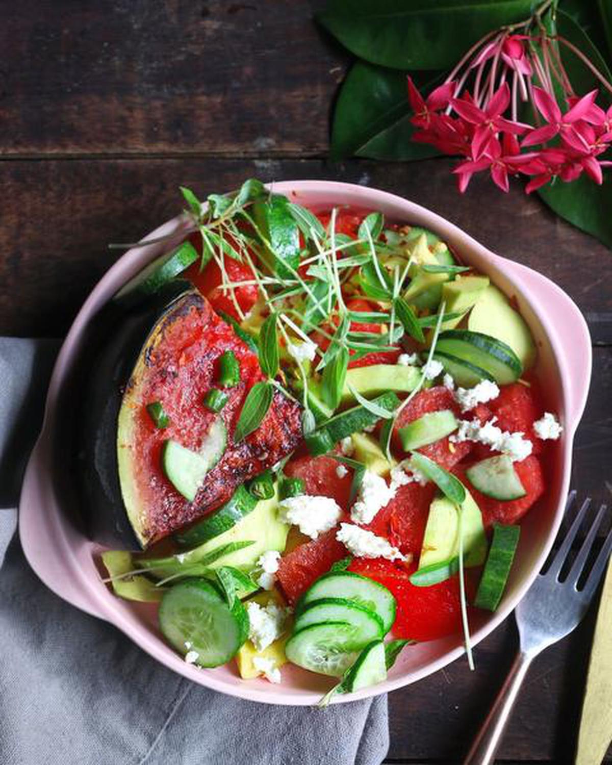 Grilled watermelon avocado salad with micro greens photographed by Swayampurna Mishra