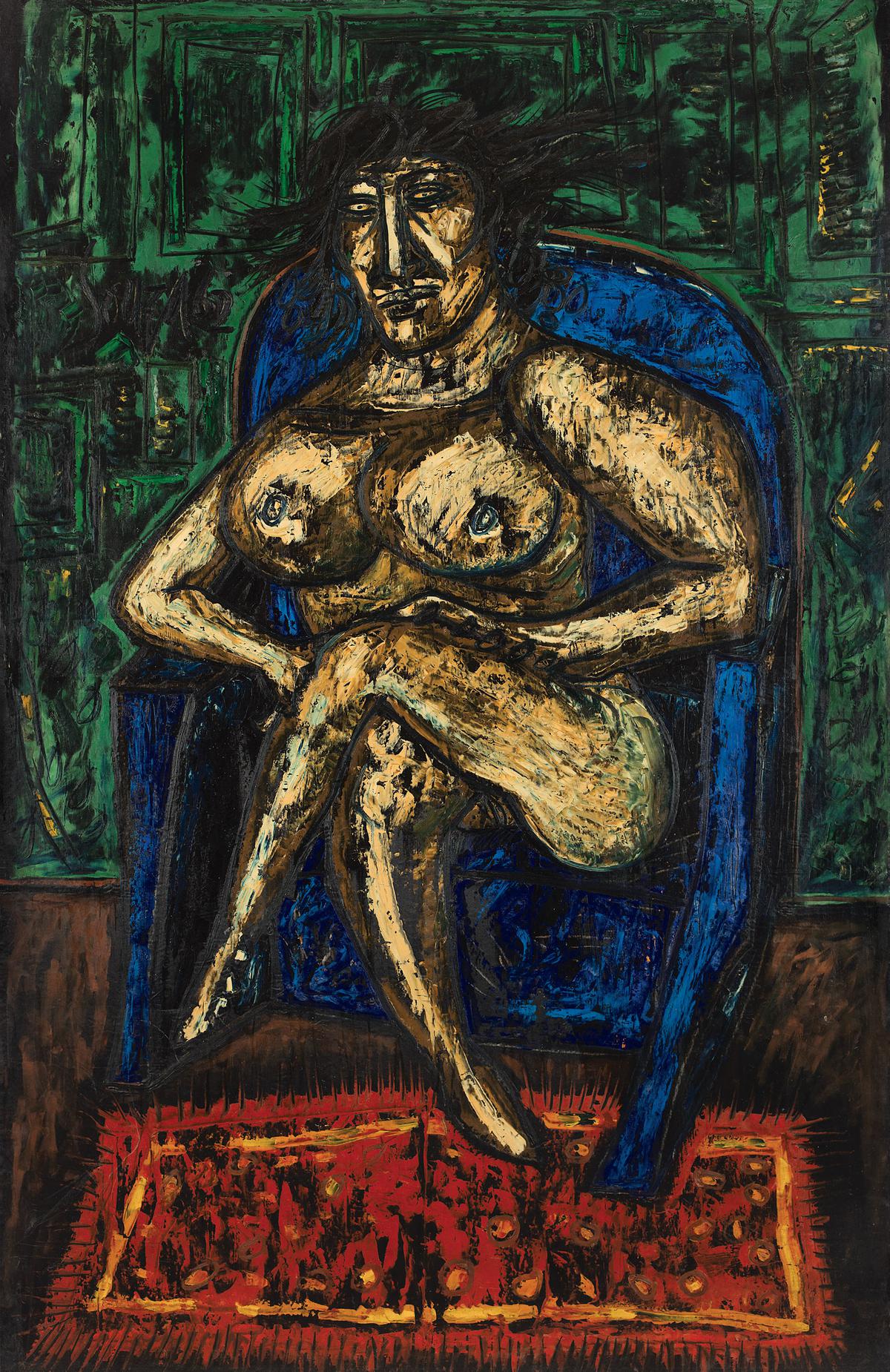 एफएन सूजा की नीली कुर्सी पर नग्न बैठे हुए