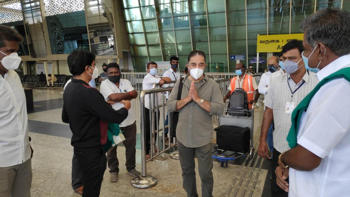 Makkal Needhi Kamal Haasan arrives in Coimbatore on May 2, 2021. Photo: Special Arrangement